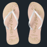 Golden Lace on Coral Peach Maid of Honour Wedding Jandals<br><div class="desc">These beautiful wedding flip flops are a great way to thank and recognise your Maid of Honour while saving her feet at the same time. Features an elegant design with golden lace frills on a pale orange or coral peach coloured background and fancy gold coloured script lettering. The test reads...</div>
