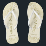 Golden Lace on Ivory Cream Maid of Honour Wedding Jandals<br><div class="desc">These beautiful wedding flip flops are a great way to thank and recognise your Maid of Honour while saving her feet at the same time. Features an elegant design with golden lace frills on an ivory or cream coloured background and fancy gold coloured script lettering. The test reads Maid of...</div>