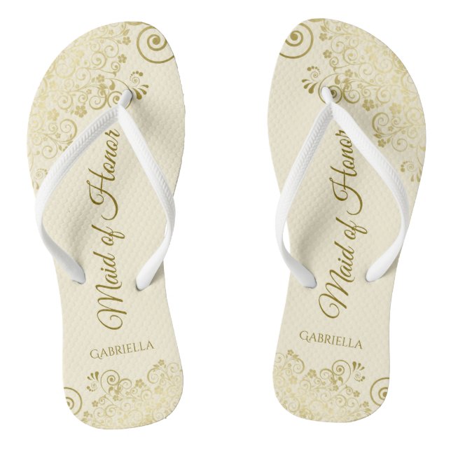 Golden Lace on Ivory Cream Maid of Honour Wedding Jandals (Footbed)