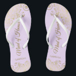Golden Lace on Lilac Purple Maid of Honour Wedding Jandals<br><div class="desc">These beautiful wedding flip flops are a great way to thank and recognise your Maid of Honour while saving her feet at the same time. Features an elegant design with golden lace frills on a lilac, lavender, or pale purple coloured background and fancy gold coloured script lettering. The test reads...</div>