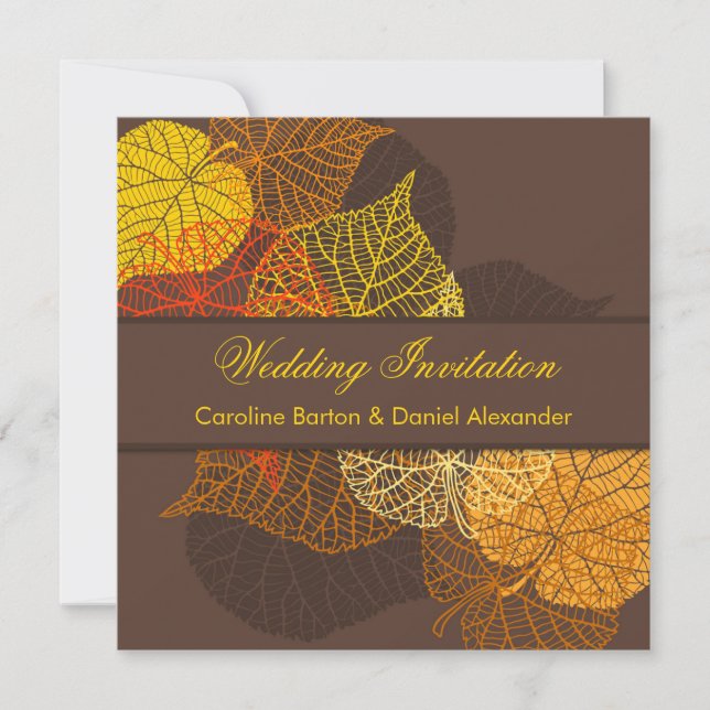 Golden lacy autumnal leaves Wedding Invitation (Front)