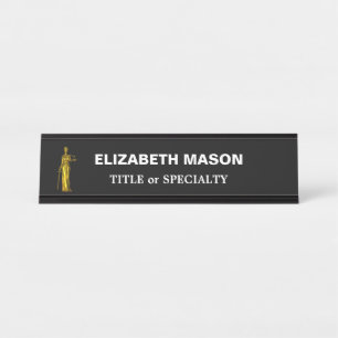 Golden Lady Justice on Black and White Desk Name Plate