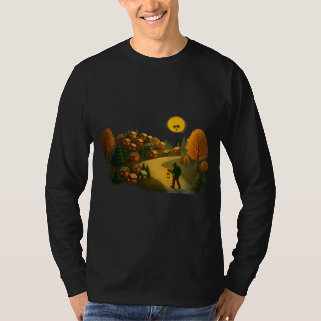 Golden Lantern Path Village Illustration Art Print T-Shirt (Front)