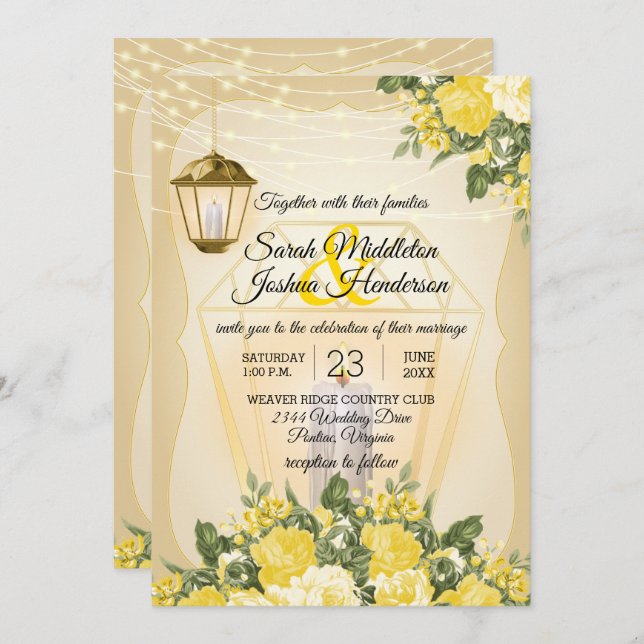Golden Lanterns and Yellow Flower Wedding Invitation (Front/Back)