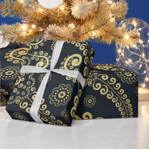 Golden Large Luxury Paisley on Black Wrapping Paper