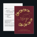Golden Laurel Leaves on Burgundy Elegant Wedding RSVP Card<br><div class="desc">These beautiful RSVP cards will make it easy for your guests to respond to your wedding invitation. They feature an elegant design with fancy script calligraphy and hand painted golden laurel leaves on a marbled burgundy background. The back of the card is a form for your guests to fill out...</div>