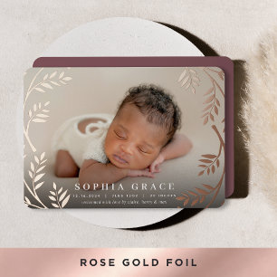 Golden Laurel Rose Gold Foil Birth Announcement