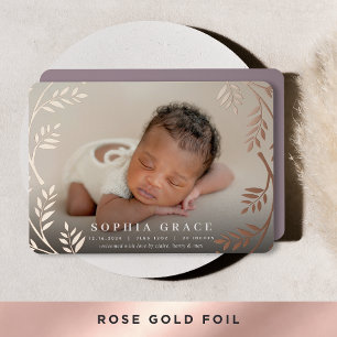 Golden Laurel   Rose Gold Foil Birth Announcement