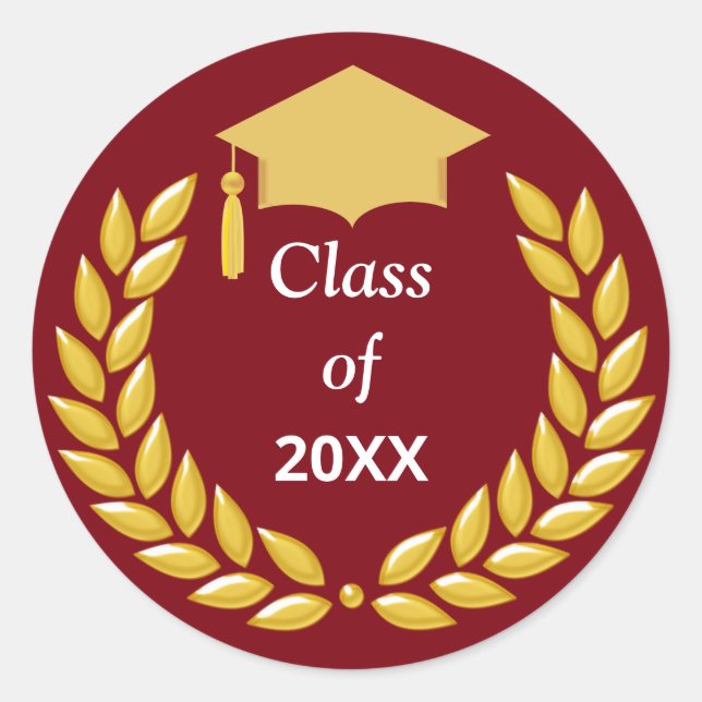Golden Laurel Wreath Class of 20XX on Burgundy Classic Round Sticker (Front)