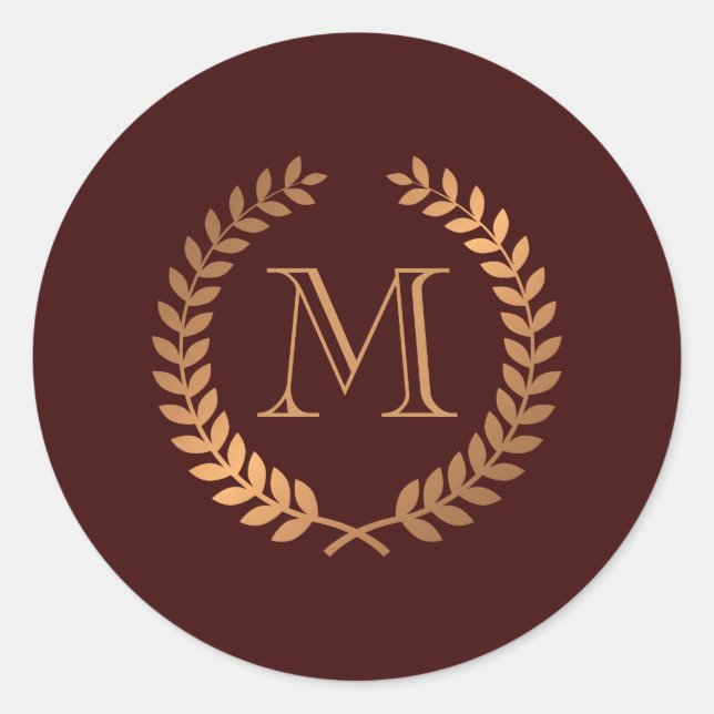 Golden Laurel Wreath Monogram Classic Round Sticker (Front)
