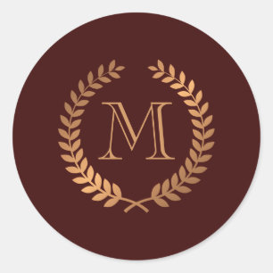 Golden Laurel Wreath Monogram Classic Round Sticker