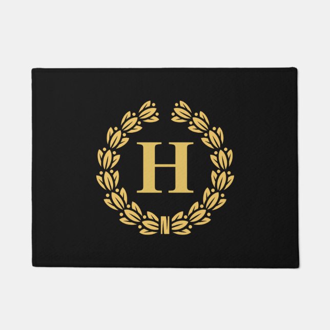 Golden Laurel Wreath Monogram Doormat (Front)