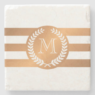 Golden Laurel Wreath Monogram Stone Coaster