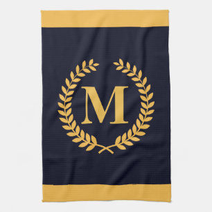 Golden Laurel Wreath Monogram Tea Towel