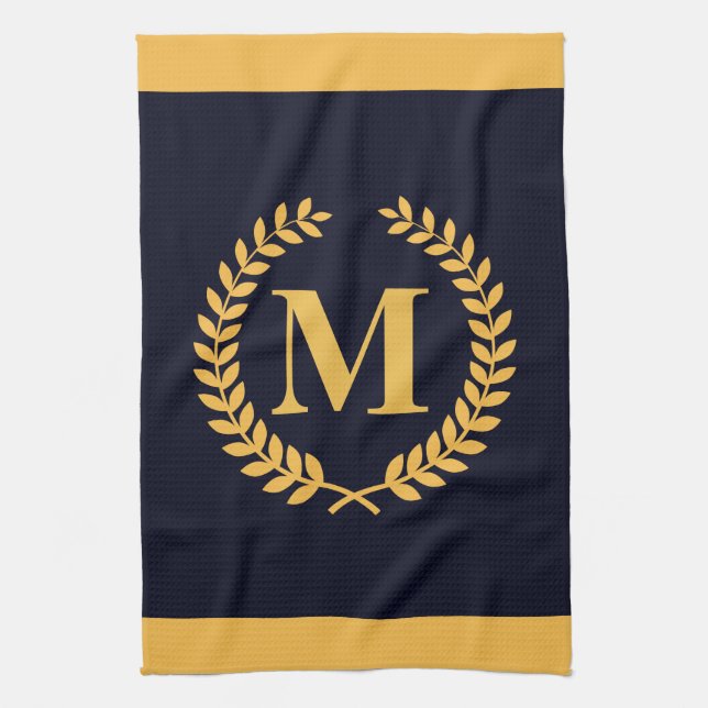 Golden Laurel Wreath Monogram Tea Towel (Vertical)