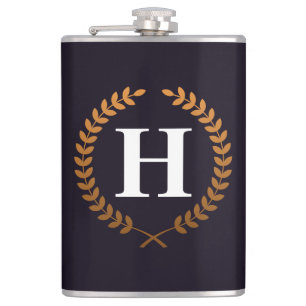 Golden Laurel Wreaths Monogram Hip Flask