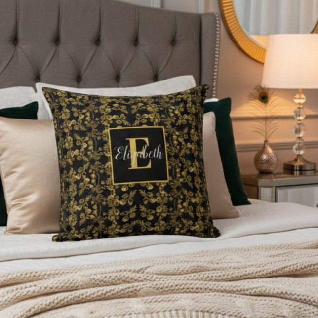 Golden leaf and black luxury | Monogram custom Cushion (Creator Uploaded)