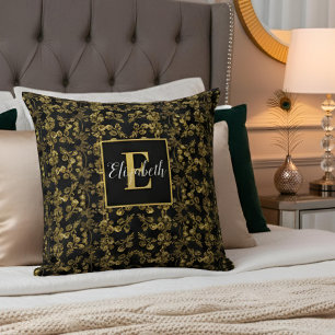 Golden leaf and black luxury Monogram custom Cushion