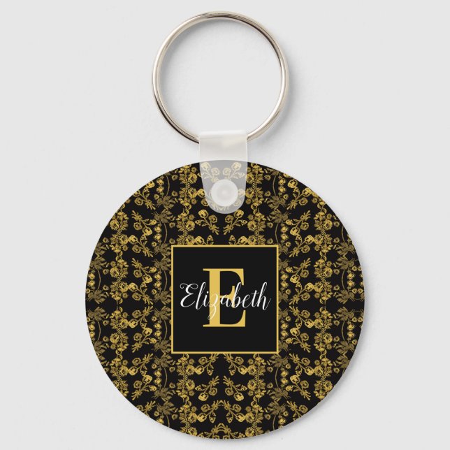 Golden leaf and black luxury | Monogram custom Key Ring (Front)