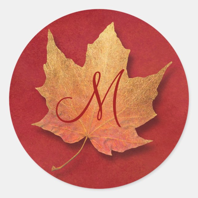 Golden Leaf Customisable Monogram Classic Round Sticker (Front)