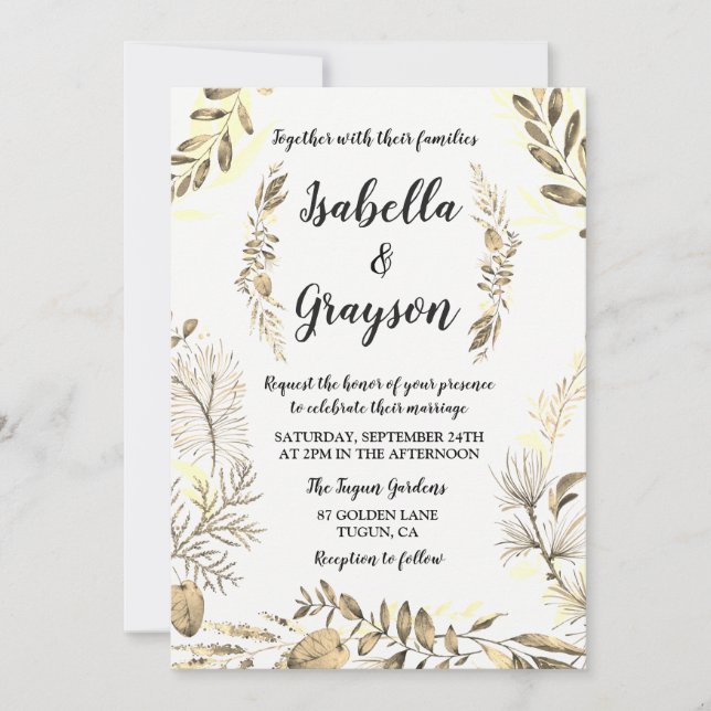 Golden Leaf Garden Wreath Wedding Invitation (Front)
