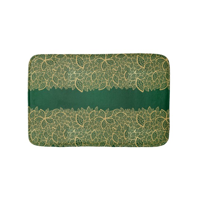 Golden leaf lace on green background bath mat (Front)