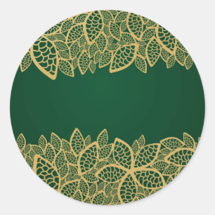 Golden leaf lace on green background classic round sticker