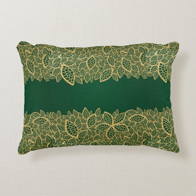Golden leaf lace on green background decorative cushion (Front)