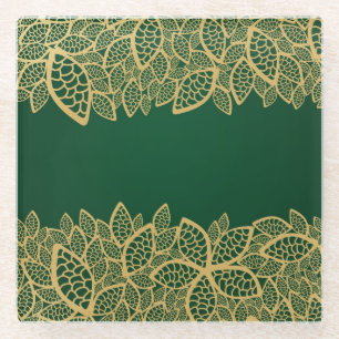 Golden leaf lace on green background glass coaster