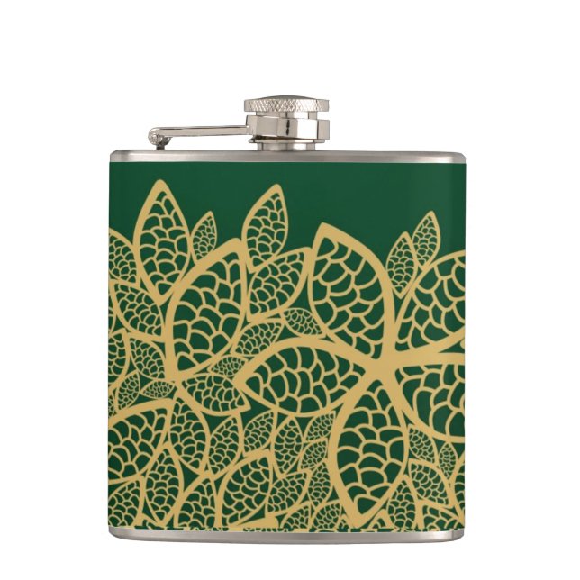 Golden leaf lace on green background hip flask (Front)