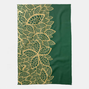 Golden leaf lace on green background tea towel
