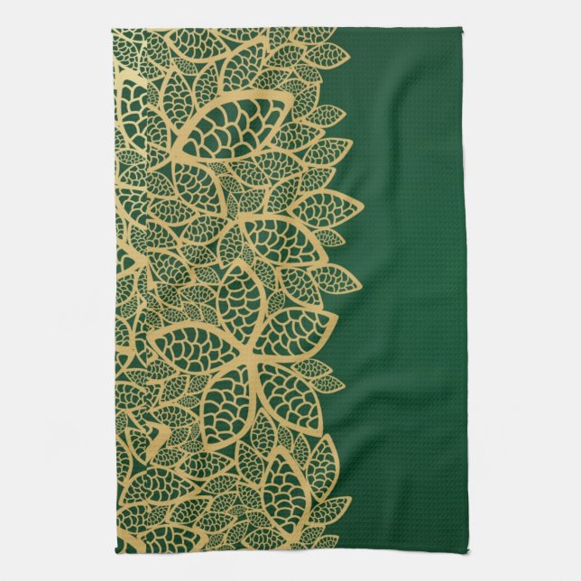 Golden leaf lace on green background tea towel (Vertical)
