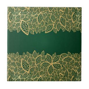 Golden leaf lace on green background tile