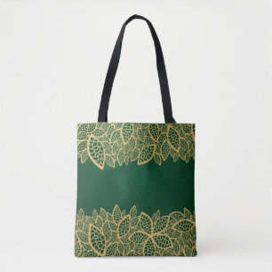 Golden leaf lace on green background tote bag