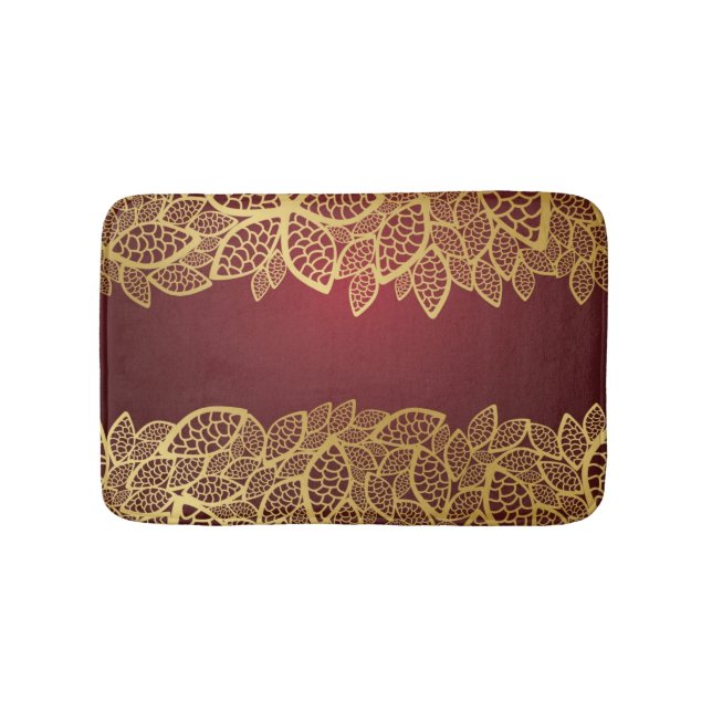 Golden leaf lace on red background bath mat (Front)