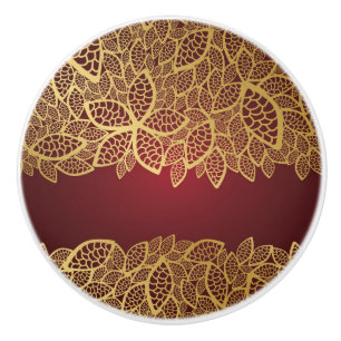 Golden leaf lace on red background ceramic knob