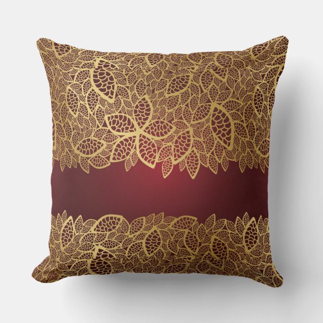 Golden leaf lace on red background cushion (Front)