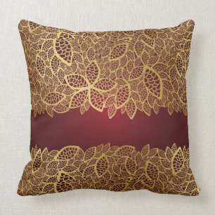 Golden leaf lace on red background cushion