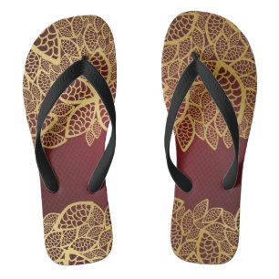 Golden leaf lace on red background jandals