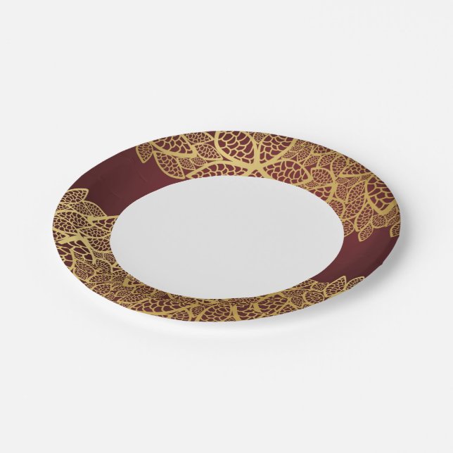 Golden leaf lace on red background paper plate (Angled)