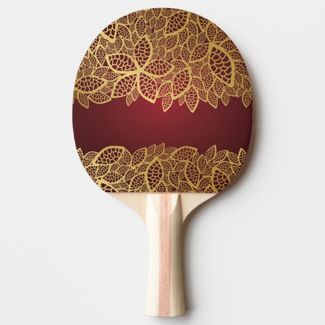 Golden leaf lace on red background ping pong paddle (Front)