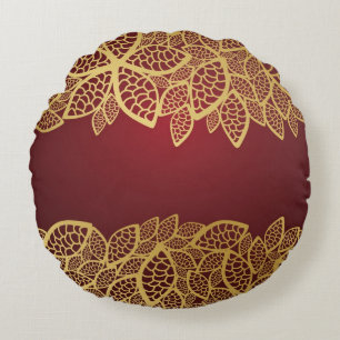 Golden leaf lace on red background round cushion