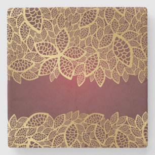 Golden leaf lace on red background stone coaster