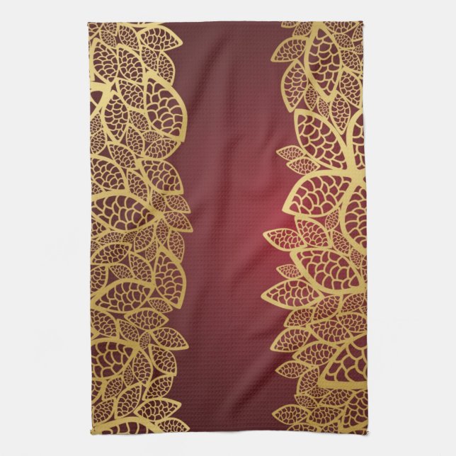 Golden leaf lace on red background tea towel (Vertical)