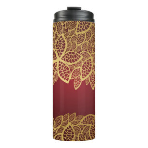 Golden leaf lace on red background thermal tumbler