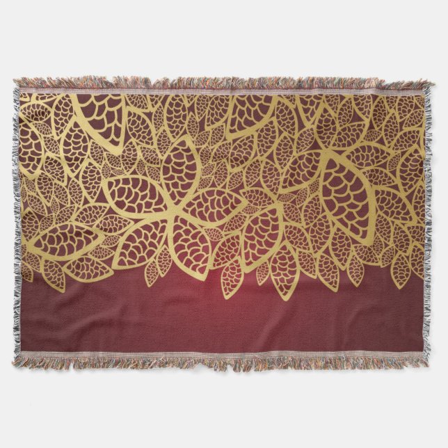 Golden leaf lace on red background throw blanket (Front)