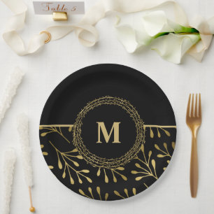 Golden Leaf Pattern Black & Gold Elegant Monogram Paper Plate