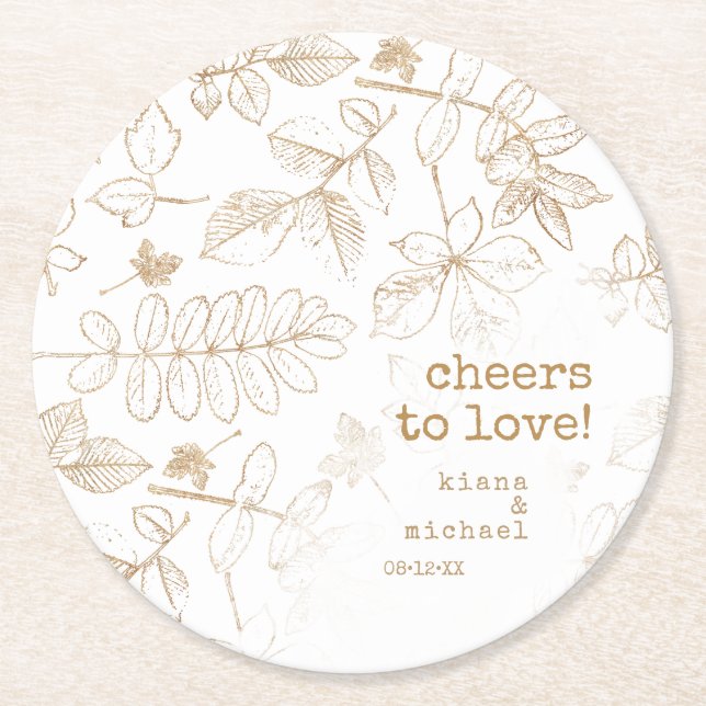 Golden Leaf Pattern Wedding Cheers to Love ID655 Round Paper Coaster (Front)