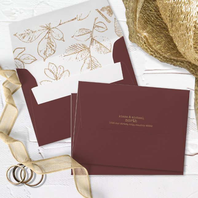 Golden Leaf Pattern Wedding Gold/Burgundy ID655 Envelope (Interior/Back In Situ)