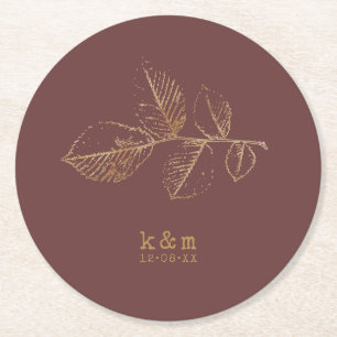 Golden Leaf Wedding Gold/Burgundy ID655 Round Paper Coaster